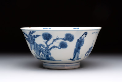 Two Chinese blue and white bowls with figural design, Chenghua and Kangxi marks, Kangxi