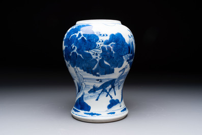 A Chinese blue and white 'He Lu Tong Chun 鶴鹿同春' vase and a wooden cover, Kangxi