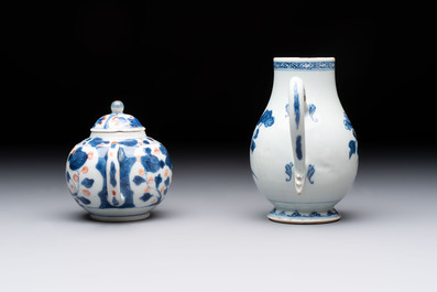 Three Chinese Imari-style covered teapots and a blue and white milk jug, Kangxi/Qianlong