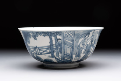Two Chinese blue and white bowls with figural design, Chenghua and Kangxi marks, Kangxi