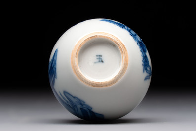 A fine Chinese blue and white miniature bottle vase with two ladies in a garden, jade 玉 mark, Kangxi