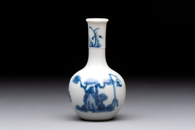 A fine Chinese blue and white miniature bottle vase with two ladies in a garden, jade 玉 mark, Kangxi