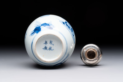 A Chinese blue and white 'Shoulao' tea caddy with silver mount and cover, Chenghua mark, Kangxi
