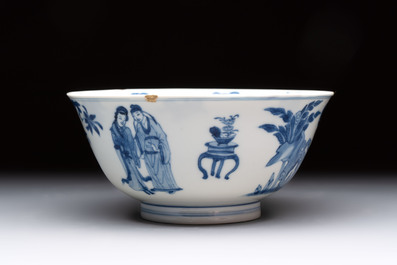 Two Chinese blue and white bowls with figural design, Chenghua and Kangxi marks, Kangxi