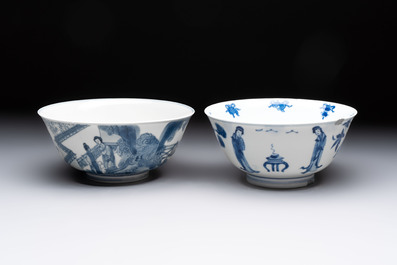 Two Chinese blue and white bowls with figural design, Chenghua and Kangxi marks, Kangxi