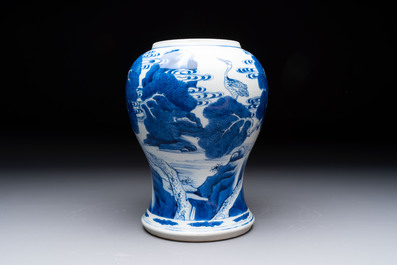 A Chinese blue and white 'He Lu Tong Chun 鶴鹿同春' vase and a wooden cover, Kangxi