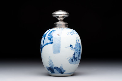 A Chinese blue and white 'Shoulao' tea caddy with silver mount and cover, Chenghua mark, Kangxi