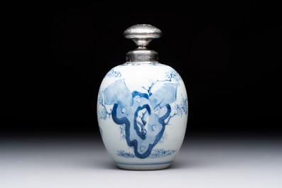 A Chinese blue and white 'Shoulao' tea caddy with silver mount and cover, Chenghua mark, Kangxi