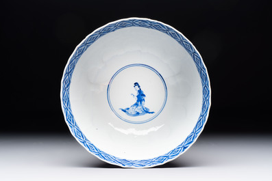 A Chinese blue and white molded bowl with elegant beauties and playing boys, Qi Yu Bao Ding Zhi Zhen 奇玉寶鼎之珍 mark, Kangxi