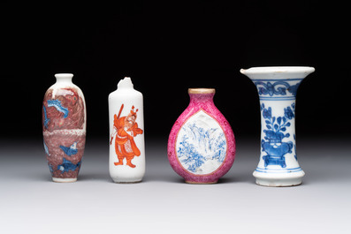 Three Chinese snuff bottles and a miniature vase, Kangxi and Qianlong marks, Kangxi and later