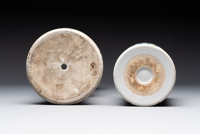 A Chinese wucai 'gu' vase and a blue and white brush pot, Transitional period and later