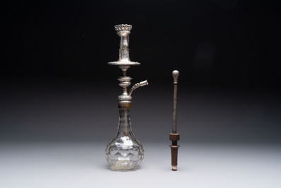 An Ottoman silver-mounted cut-glass hookah with an enamelled silver mouthpiece, 19th C.