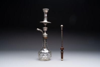 An Ottoman silver-mounted cut-glass hookah with an enamelled silver mouthpiece, 19th C.