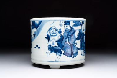 A large Chinese blue and white 'Ba Xian Zhu Shou 八仙祝壽&lsquo; tripod censer, 19th C.