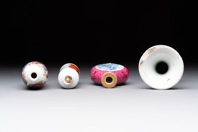 Three Chinese snuff bottles and a miniature vase, Kangxi and Qianlong marks, Kangxi and later