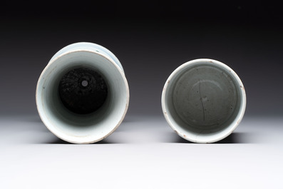 A Chinese wucai 'gu' vase and a blue and white brush pot, Transitional period and later