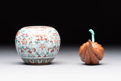 A Chinese doucai water pot and a 'Buddha's Hand' water dropper, Qianlong and Wo Ji 蝸寄 mark, 19/20th C.