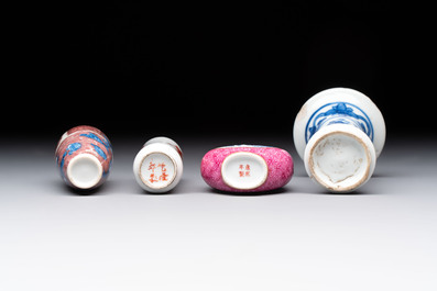 Three Chinese snuff bottles and a miniature vase, Kangxi and Qianlong marks, Kangxi and later