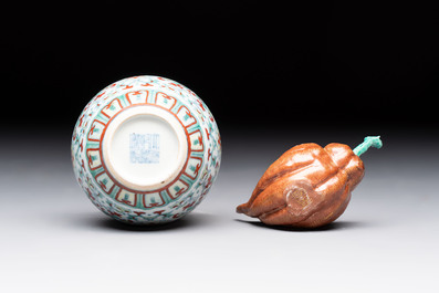 A Chinese doucai water pot and a 'Buddha's Hand' water dropper, Qianlong and Wo Ji 蝸寄 mark, 19/20th C.