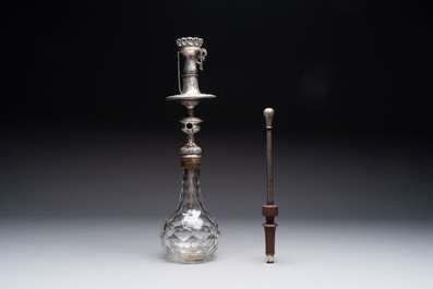 An Ottoman silver-mounted cut-glass hookah with an enamelled silver mouthpiece, 19th C.