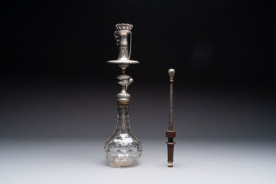 An Ottoman silver-mounted cut-glass hookah with an enamelled silver mouthpiece, 19th C.