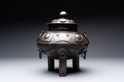 An unusual Chinese gold- and silver-inlaid iron censer and cover, Xuande mark, Ming
