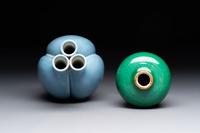 A Chinese claire-de-lune triple-neck vase and a green-glazed 'Meiping' vase, Qianlong mark, 19th C.