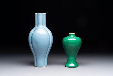 A Chinese claire-de-lune triple-neck vase and a green-glazed 'Meiping' vase, Qianlong mark, 19th C.