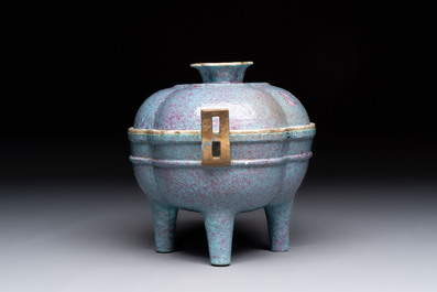 A Chinese famille rose 'gu' vase and a robin's egg-glazed tripod double-walled warming bowl, Qianlong mark, 19/20th C.