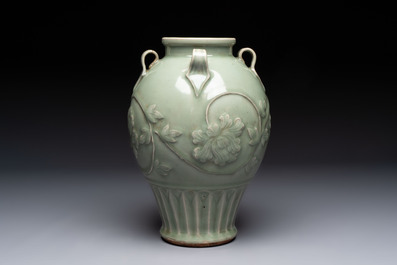A Chinese Longquan celadon vase with floral design, Ming