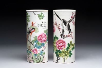 Four Chinese famille rose hat stands with figures and birds among blossoming branches, Republic