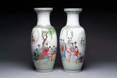 Four Chinese famille rose vases with figures and birds among flowering branches, Qianlong marks, 20th C.