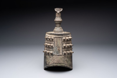 A large Chinese archaistic inscribed bronze bell, 'Zhong 鐘', Ming
