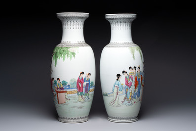 Four Chinese famille rose vases with figures and birds among flowering branches, Qianlong marks, 20th C.