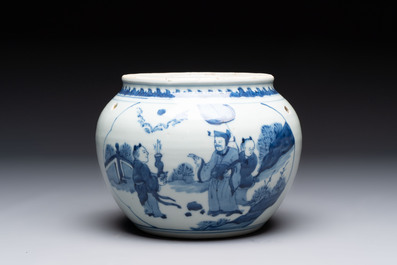 A Chinese blue and white 'Lian Sheng San Ji 連升三級&lsquo; and 'Xie Qin Fang You 攜琴訪友' bowl, Transitional style
