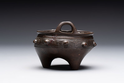 A Chinese archaistic bronze vase and a tripod censer, Yuan