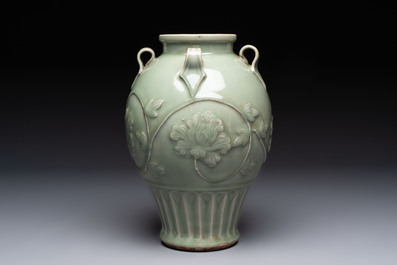 A Chinese Longquan celadon vase with floral design, Ming