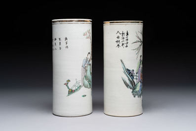 Four Chinese famille rose hat stands with figures and birds among blossoming branches, Republic