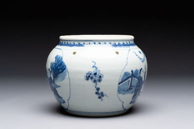 A Chinese blue and white 'Lian Sheng San Ji 連升三級&lsquo; and 'Xie Qin Fang You 攜琴訪友' bowl, Transitional style