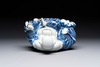 A Chinese blue and white Milefo Buddha, Zeng Long Sheng 曾龍昇 mark, 20th C.