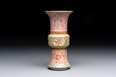 A Chinese famille rose 'gu' vase and a robin's egg-glazed tripod double-walled warming bowl, Qianlong mark, 19/20th C.
