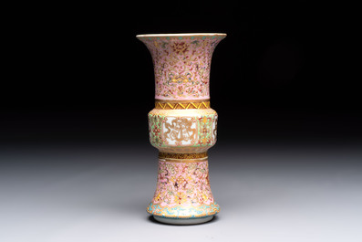 A Chinese famille rose 'gu' vase and a robin's egg-glazed tripod double-walled warming bowl, Qianlong mark, 19/20th C.