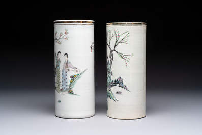 Four Chinese famille rose hat stands with figures and birds among blossoming branches, Republic