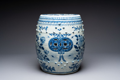 A Chinese blue and white 'birds among flowering branches' garden seat, 19th C.