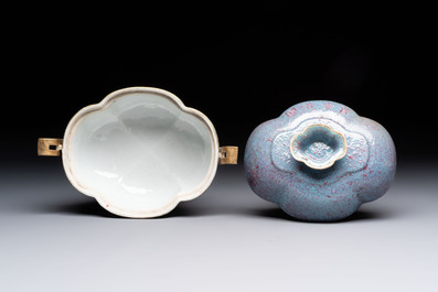 A Chinese famille rose 'gu' vase and a robin's egg-glazed tripod double-walled warming bowl, Qianlong mark, 19/20th C.
