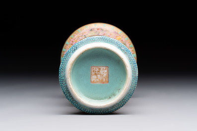 A Chinese famille rose 'gu' vase and a robin's egg-glazed tripod double-walled warming bowl, Qianlong mark, 19/20th C.