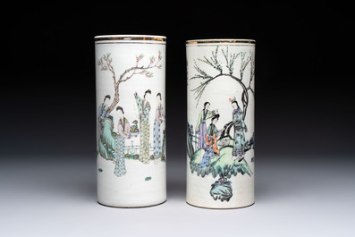 Four Chinese famille rose hat stands with figures and birds among blossoming branches, Republic