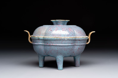 A Chinese famille rose 'gu' vase and a robin's egg-glazed tripod double-walled warming bowl, Qianlong mark, 19/20th C.