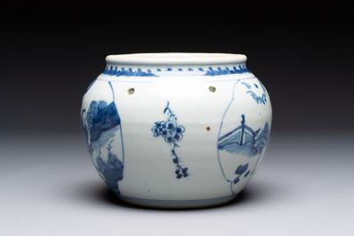A Chinese blue and white 'Lian Sheng San Ji 連升三級&lsquo; and 'Xie Qin Fang You 攜琴訪友' bowl, Transitional style