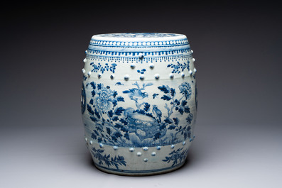 A Chinese blue and white 'birds among flowering branches' garden seat, 19th C.